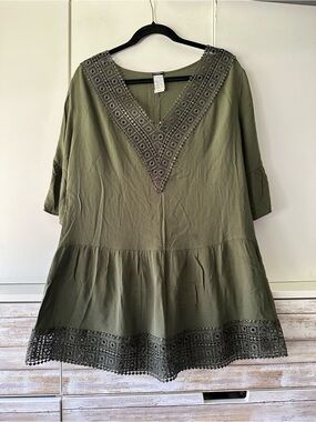🫒 Calzedonia Olive Crochet Lace Peplum Tunic Blouse Bell Sleeve Women’s S